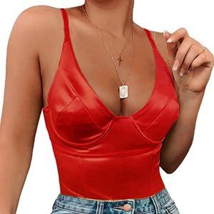 Sexy Red Corset Top for Women Deep V Neck Satin Bodysuit Going Out Tank Tops